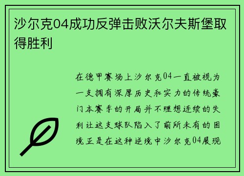 沙尔克04成功反弹击败沃尔夫斯堡取得胜利